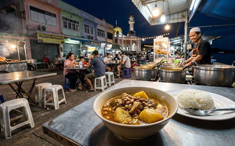 Photorealistic Massaman curry with chicken on a simple local table in a busy Muslim street-food restaurant in Pattani at night, with coastal background, pastel shophouses, mosque elements, and soft market lighting.
