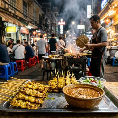 Photorealistic Moo Satay on a simple street-side table in Bangkok at night, with a busy charcoal-grill street food stall, old shophouses, neon light, and mixed local and backpacker diners in the background.