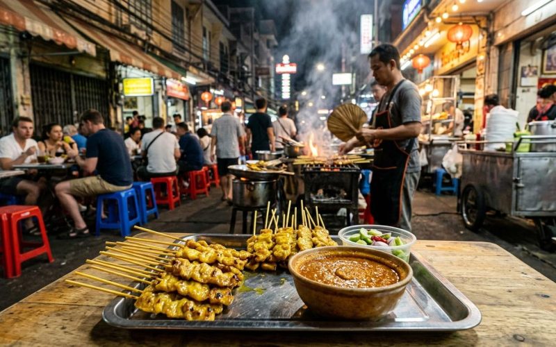 Photorealistic Moo Satay on a simple street-side table in Bangkok at night, with a busy charcoal-grill street food stall, old shophouses, neon light, and mixed local and backpacker diners in the background.