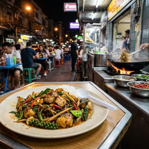 Photorealistic night street-food scene in Bangkok featuring Pad Cha Pla in the foreground on a simple local table, with a slightly chaotic Thai side-street restaurant and neon-lit urban atmosphere in the background.