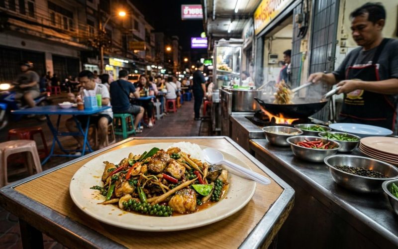 Photorealistic night street-food scene in Bangkok featuring Pad Cha Pla in the foreground on a simple local table, with a slightly chaotic Thai side-street restaurant and neon-lit urban atmosphere in the background.