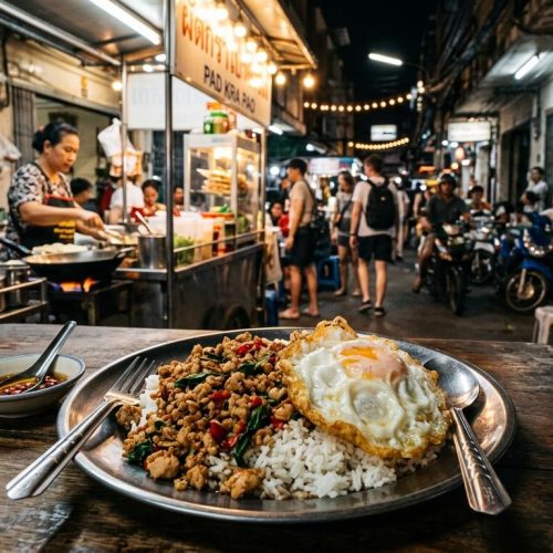 Photorealistic Pad Kra Pao with chicken and crispy fried egg on a simple table in a busy Bangkok night street-food corner restaurant.