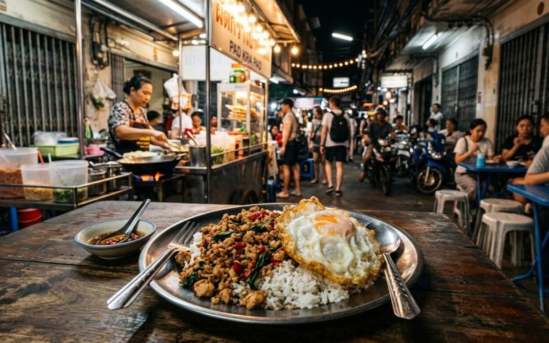 Photorealistic Pad Kra Pao with chicken and crispy fried egg on a simple table in a busy Bangkok night street-food corner restaurant.