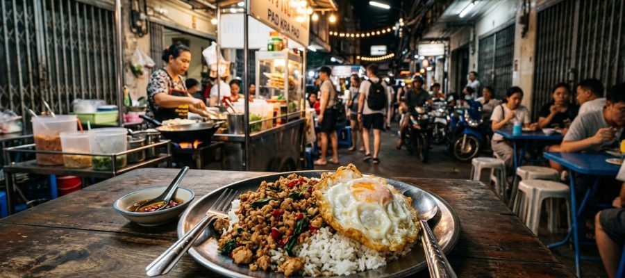 Photorealistic Pad Kra Pao with chicken and crispy fried egg on a simple table in a busy Bangkok night street-food corner restaurant.