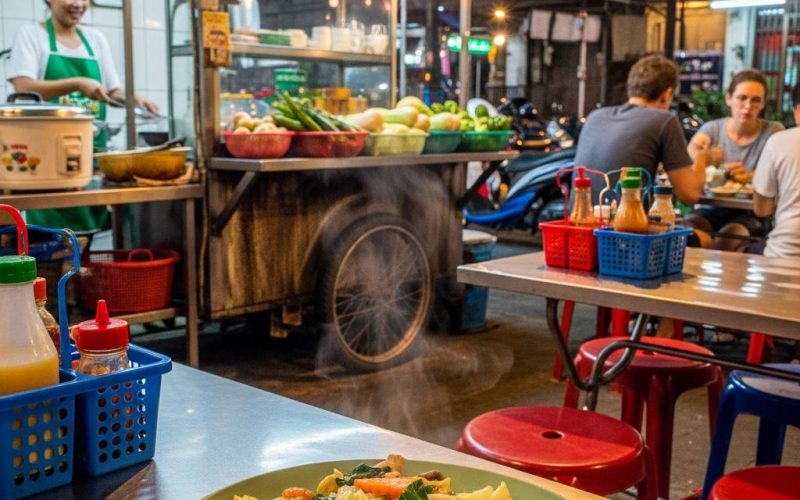 Photorealistic Pad Pak Ruam Mit on a simple table in the foreground of a busy Bangkok night street-food restaurant with neon light, plastic chairs, open wok kitchen, and authentic local atmosphere.