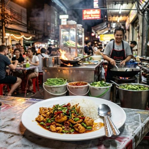 Photorealistic Pad Prik King with chicken and jasmine rice on a simple table in the foreground, set in a busy Bangkok night street-food restaurant with neon light, red plastic stools, wok station, and authentic local atmosphere.