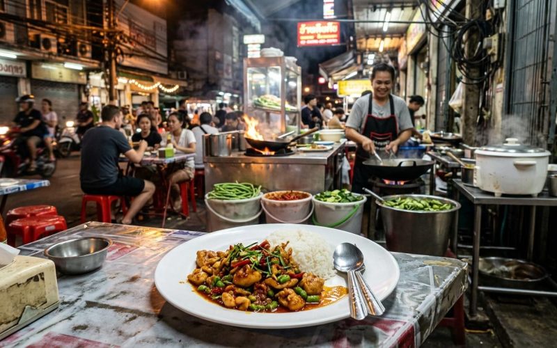 Photorealistic Pad Prik King with chicken and jasmine rice on a simple table in the foreground, set in a busy Bangkok night street-food restaurant with neon light, red plastic stools, wok station, and authentic local atmosphere.