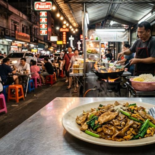 Photorealistic Pad See Ew on a simple table in a busy Bangkok night street-food stall with neon lights, wok cooking, plastic stools, and authentic local atmosphere.