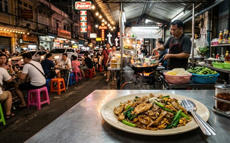 Photorealistic Pad See Ew on a simple table in a busy Bangkok night street-food stall with neon lights, wok cooking, plastic stools, and authentic local atmosphere.