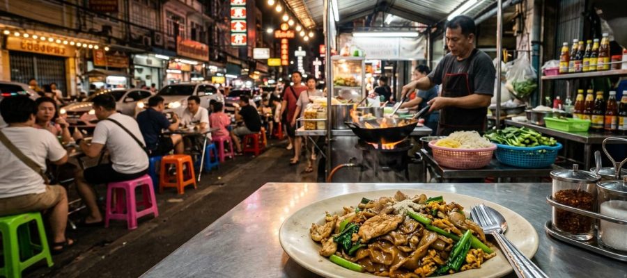 Photorealistic Pad See Ew on a simple table in a busy Bangkok night street-food stall with neon lights, wok cooking, plastic stools, and authentic local atmosphere.