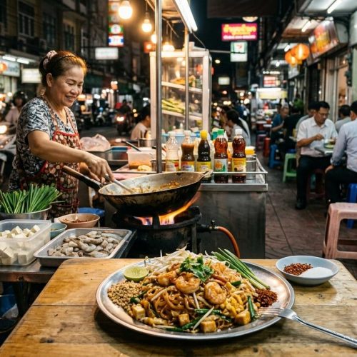 Photorealistic Pad Thai on a simple local table at a busy Bangkok night street food stall with neon lights, red plastic stools, wok station, and mixed local and backpacker diners in the background.
