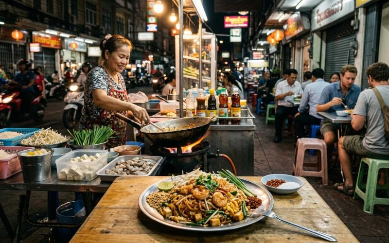 Photorealistic Pad Thai on a simple local table at a busy Bangkok night street food stall with neon lights, red plastic stools, wok station, and mixed local and backpacker diners in the background.