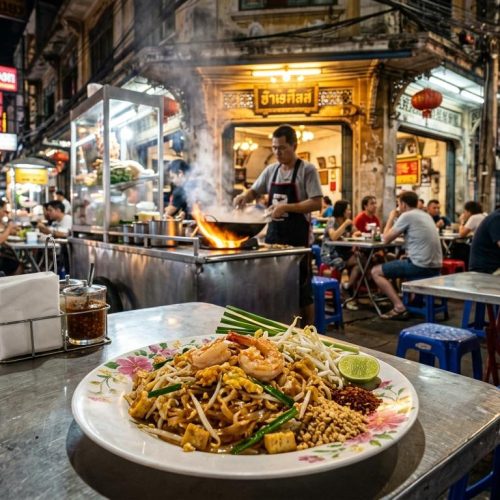 Photorealistic Pad Thai on a simple street-food table in the foreground at a busy Bangkok night market stall with neon lights, red lanterns, plastic stools, and an authentic roadside cooking setup.