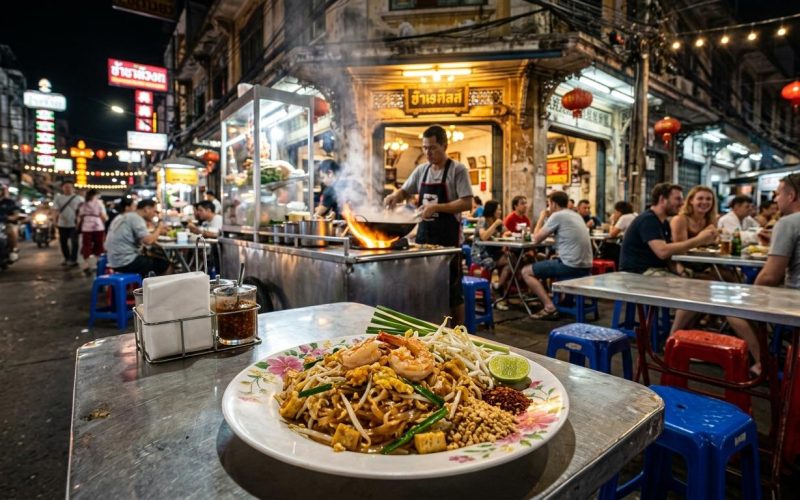 Photorealistic Pad Thai on a simple street-food table in the foreground at a busy Bangkok night market stall with neon lights, red lanterns, plastic stools, and an authentic roadside cooking setup.