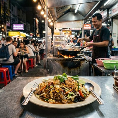Photorealistic Pad Woon Sen on a simple table in a small Bangkok street-side restaurant at night, with a chaotic authentic Thai street food background.