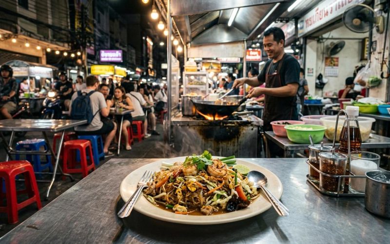 Photorealistic Pad Woon Sen on a simple table in a small Bangkok street-side restaurant at night, with a chaotic authentic Thai street food background.