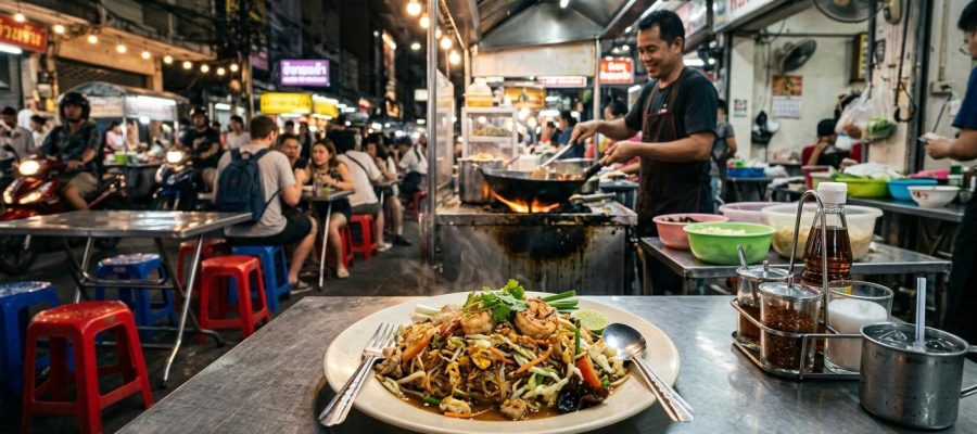 Photorealistic Pad Woon Sen on a simple table in a small Bangkok street-side restaurant at night, with a chaotic authentic Thai street food background.