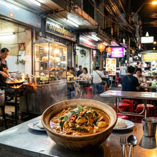 Photorealistic Panang curry with chicken on a simple table in a busy Bangkok street-food restaurant at night, with plastic stools, open wok station, and softly blurred diners in the background.