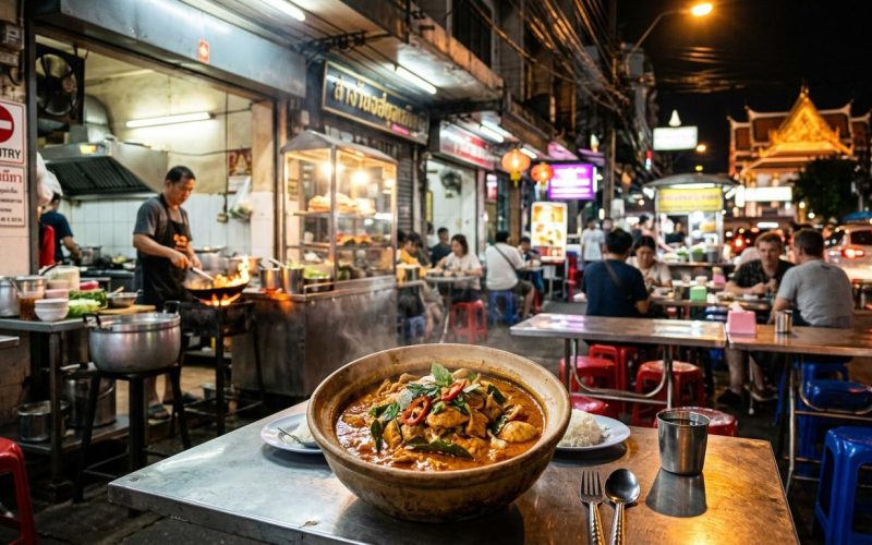 Photorealistic Panang curry with chicken on a simple table in a busy Bangkok street-food restaurant at night, with plastic stools, open wok station, and softly blurred diners in the background.