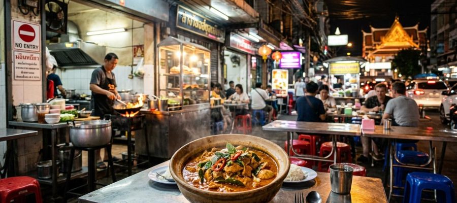 Photorealistic Panang curry with chicken on a simple table in a busy Bangkok street-food restaurant at night, with plastic stools, open wok station, and softly blurred diners in the background.