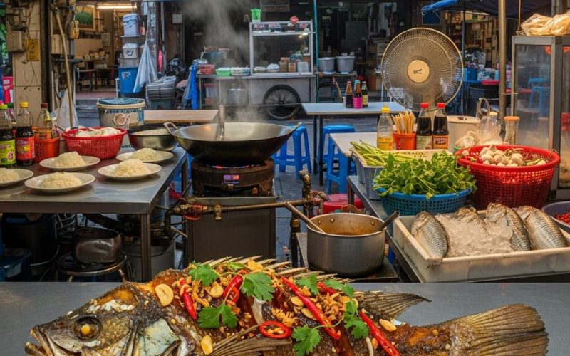 Photorealistic Pla Rad Prik on a simple table in a busy Bangkok night street-food restaurant with neon light, plastic chairs, wok station, and authentic local atmosphere.