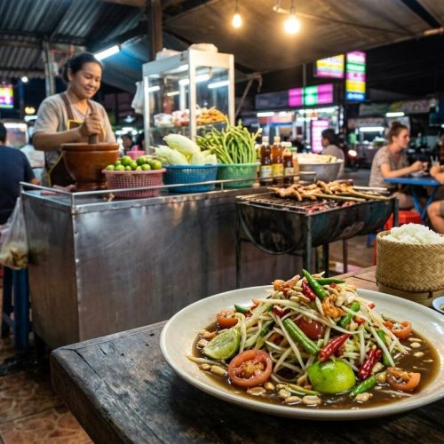 Photorealistic Som Tam on a simple table at a nighttime roadside Isan street food stall in Buriram, with neon reflections, red plastic stools, grill smoke, and a blurred authentic Thai market background.