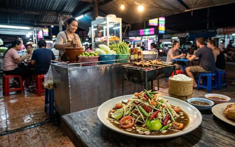 Photorealistic Som Tam on a simple table at a nighttime roadside Isan street food stall in Buriram, with neon reflections, red plastic stools, grill smoke, and a blurred authentic Thai market background.
