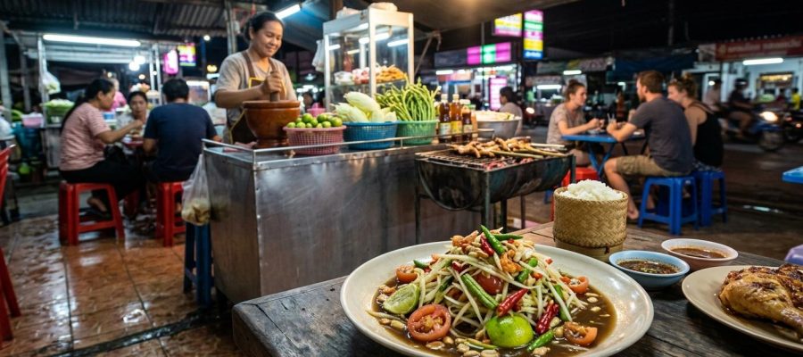 Photorealistic Som Tam on a simple table at a nighttime roadside Isan street food stall in Buriram, with neon reflections, red plastic stools, grill smoke, and a blurred authentic Thai market background.