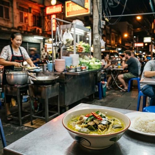 Photorealistic Thai green curry with chicken on a simple metal table in the foreground of a busy Bangkok street-side curry-and-rice shop at night, with neon light, stainless steel pots, plastic stools, and softly blurred diners in the background.