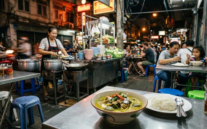 Photorealistic Thai green curry with chicken on a simple metal table in the foreground of a busy Bangkok street-side curry-and-rice shop at night, with neon light, stainless steel pots, plastic stools, and softly blurred diners in the background.