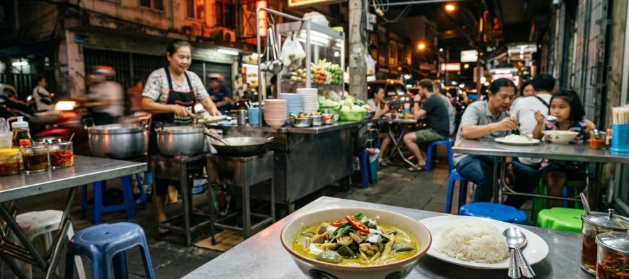 Photorealistic Thai green curry with chicken on a simple metal table in the foreground of a busy Bangkok street-side curry-and-rice shop at night, with neon light, stainless steel pots, plastic stools, and softly blurred diners in the background.