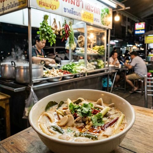Photorealistic Tom Kha Gai in the foreground on a simple table at a busy Bangkok streetfood soup shop at night, with warm lights, plastic chairs, stainless counters, and an authentic Thai street restaurant background.