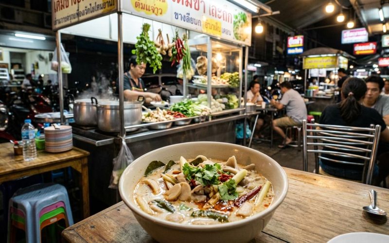 Photorealistic Tom Kha Gai in the foreground on a simple table at a busy Bangkok streetfood soup shop at night, with warm lights, plastic chairs, stainless counters, and an authentic Thai street restaurant background.