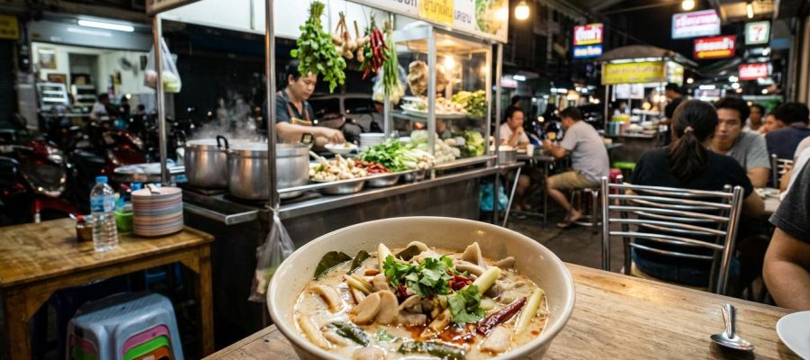 Photorealistic Tom Kha Gai in the foreground on a simple table at a busy Bangkok streetfood soup shop at night, with warm lights, plastic chairs, stainless counters, and an authentic Thai street restaurant background.
